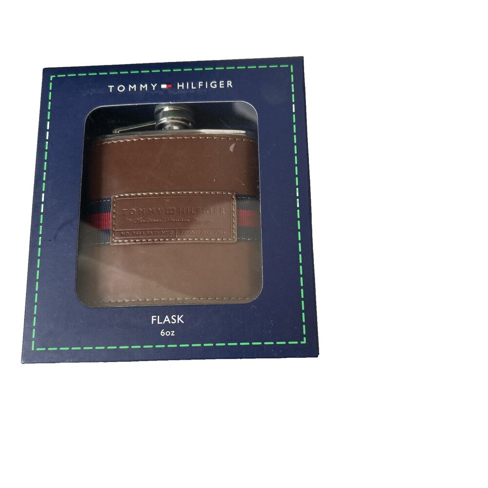 Tommy Hilfiger Tan Leather Stainless Steel 6oz Hip Flask Designer Gift Men NEW